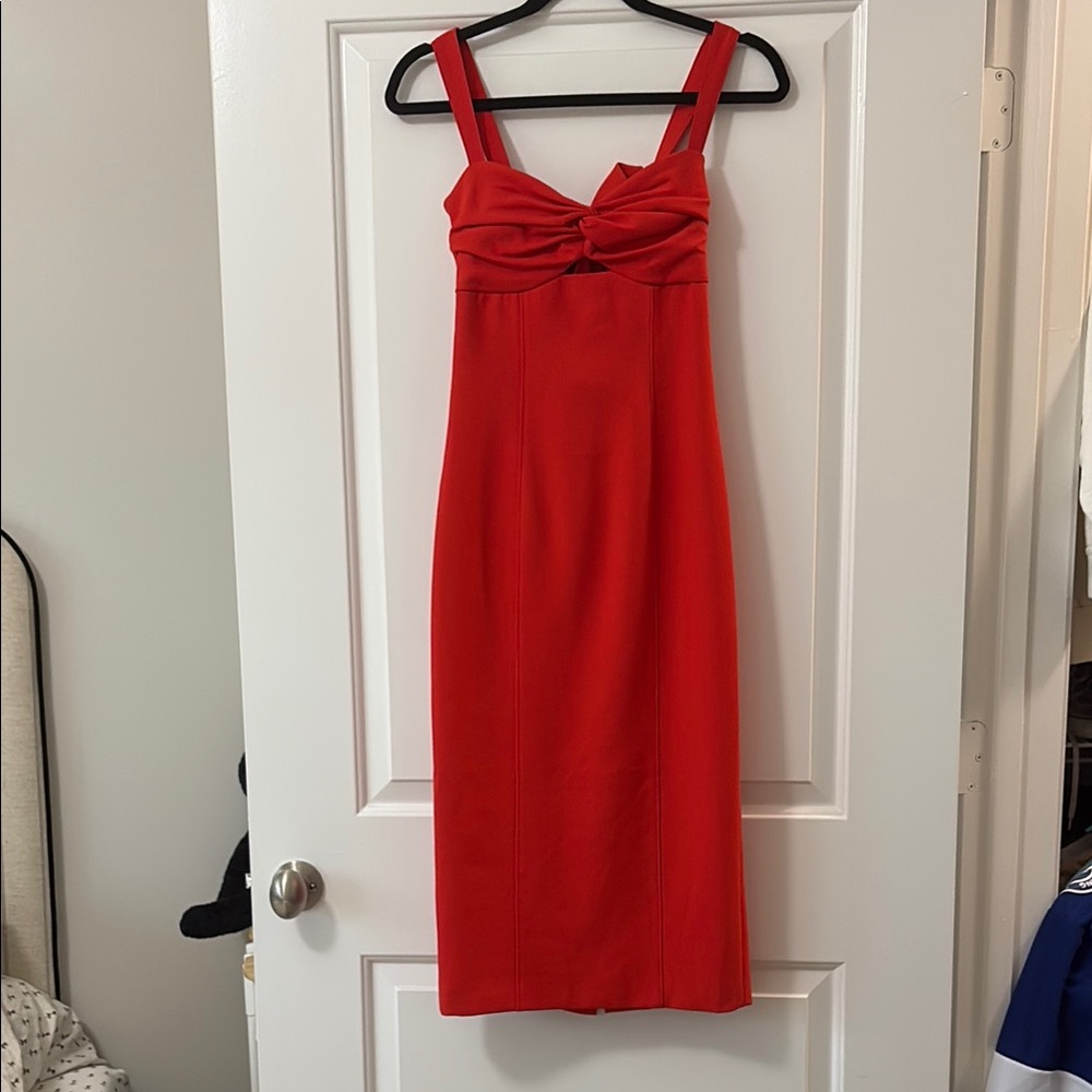 Cinq a Sept Red Sheath Midi Dress with Sweetheart Neckline for Cocktail